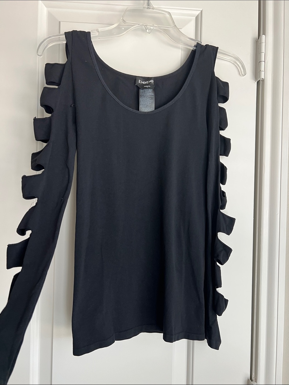 bebe Black Ladder-Cut Cold Shoulder Long Sleeve Top